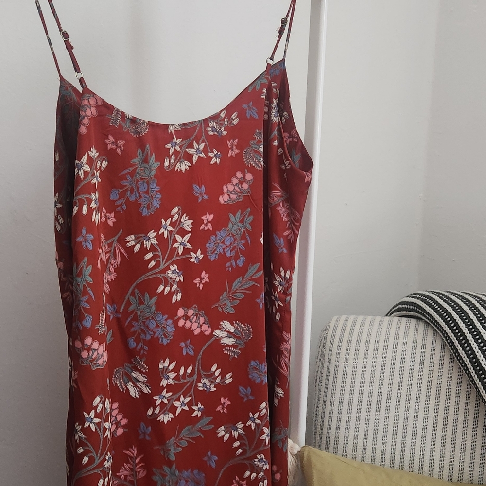 Lulu's Floral Slip Dress Medium Rust Terracotta Satin Cowl Neck Mini
